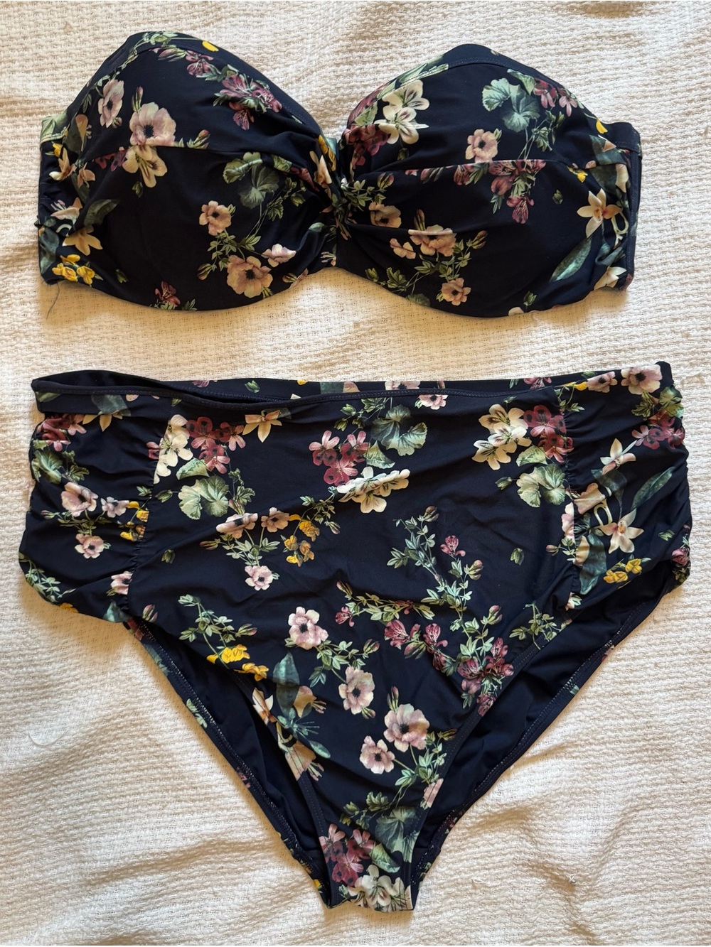 Floral Bandeau Bikini Set in Navy with Pastel Flowers